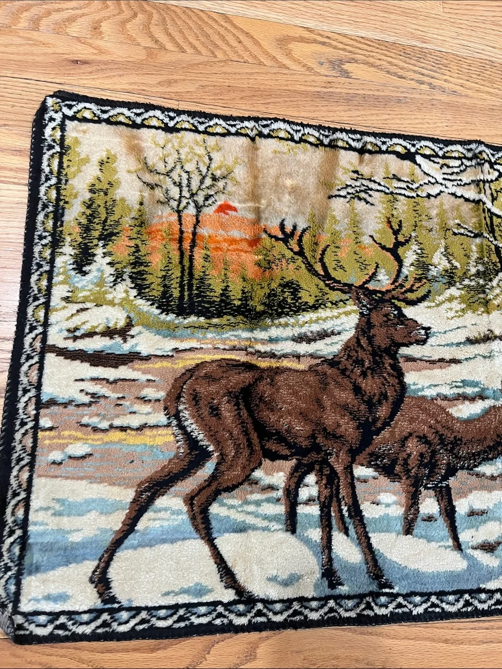 Vtg Deer Snow Woods Scene Tapestry Wall Hanging Table Runner 38.5x19.75 Cabin